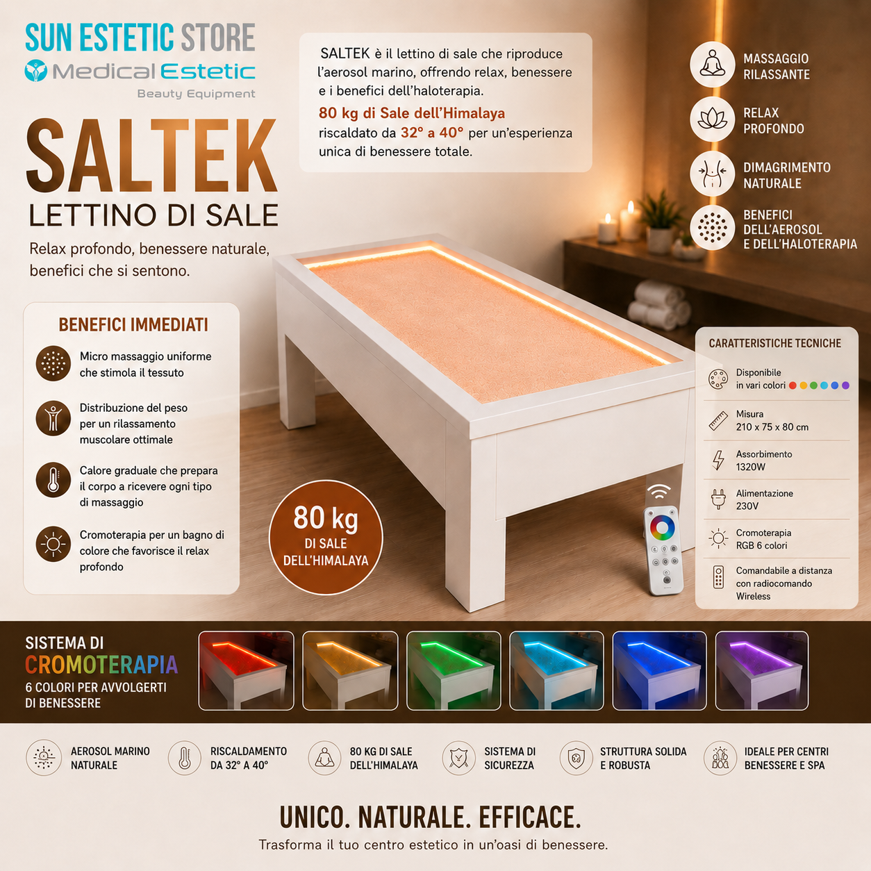 Saltek lettino al sale himalayano termoriscaldato con cromopterapia estetica massaggi