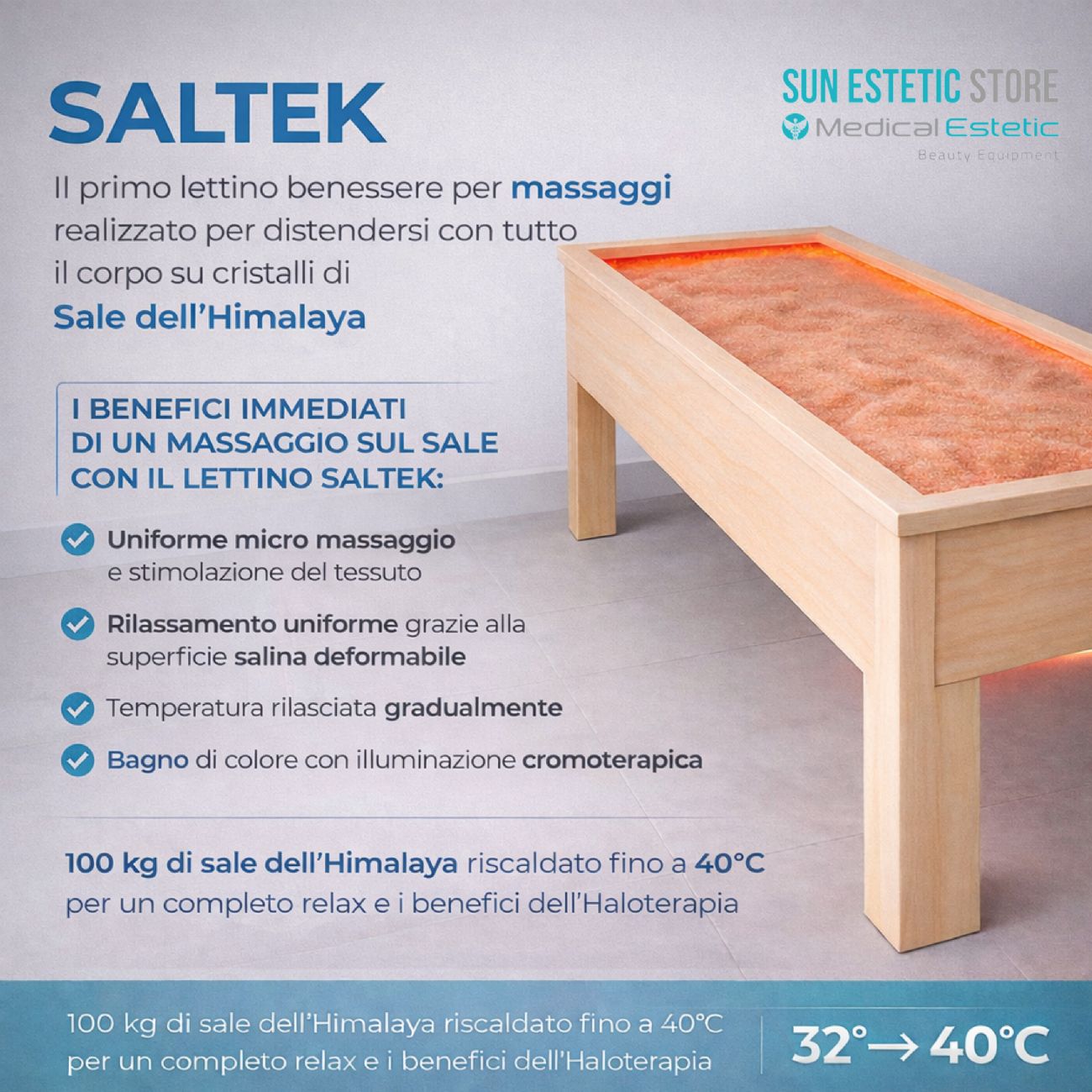 Saltek lettino al sale himalayano termoriscaldato con cromopterapia estetica massaggi
