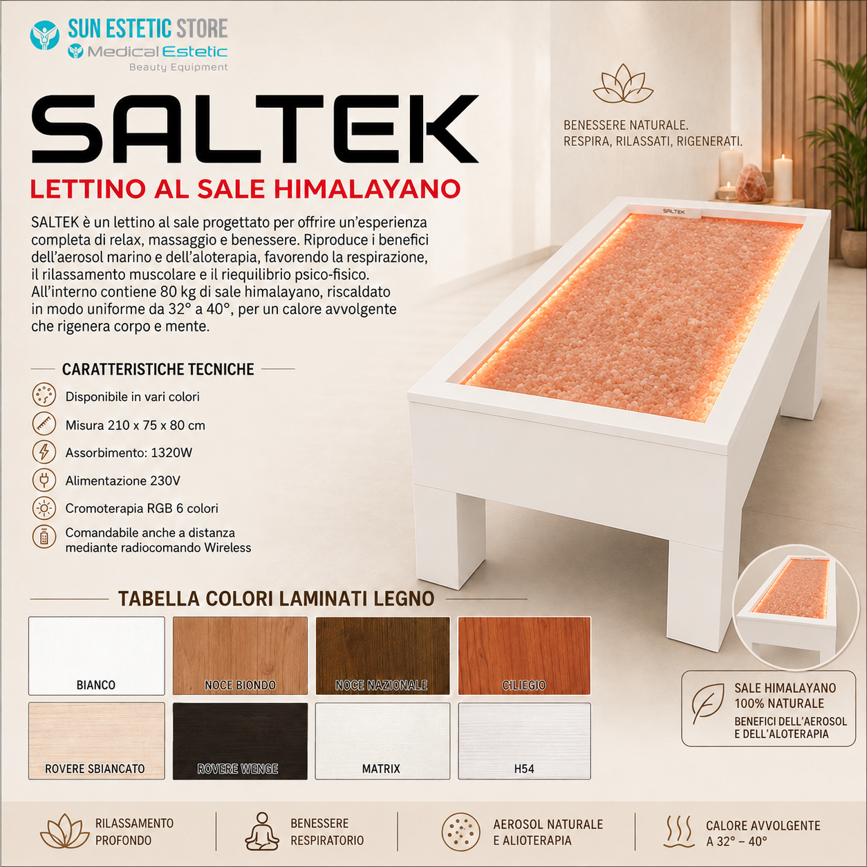 Saltek lettino al sale himalayano termoriscaldato con cromopterapia estetica massaggi