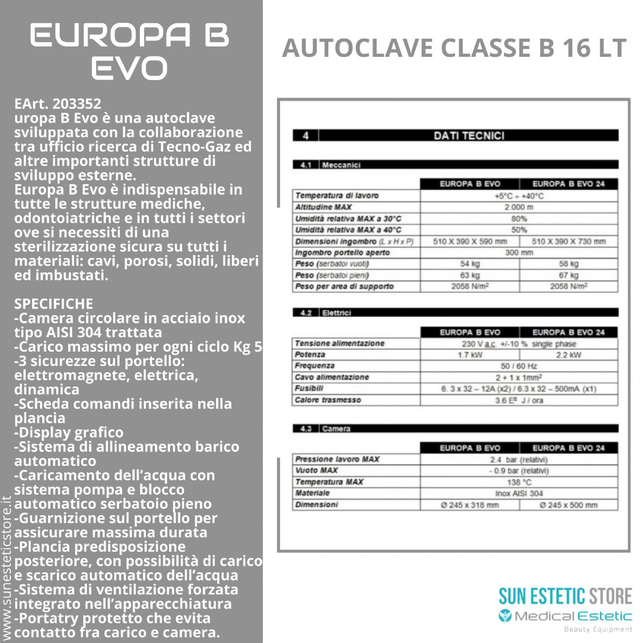 Europa B Evo Autoclave classe B a vapore sterilizzazione attrezzi estetica