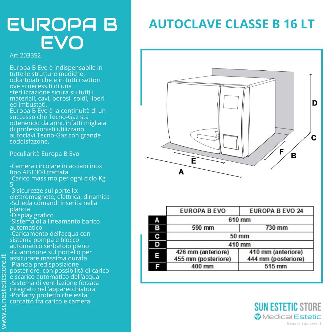 Europa B Evo Autoclave classe B a vapore sterilizzazione attrezzi estetica