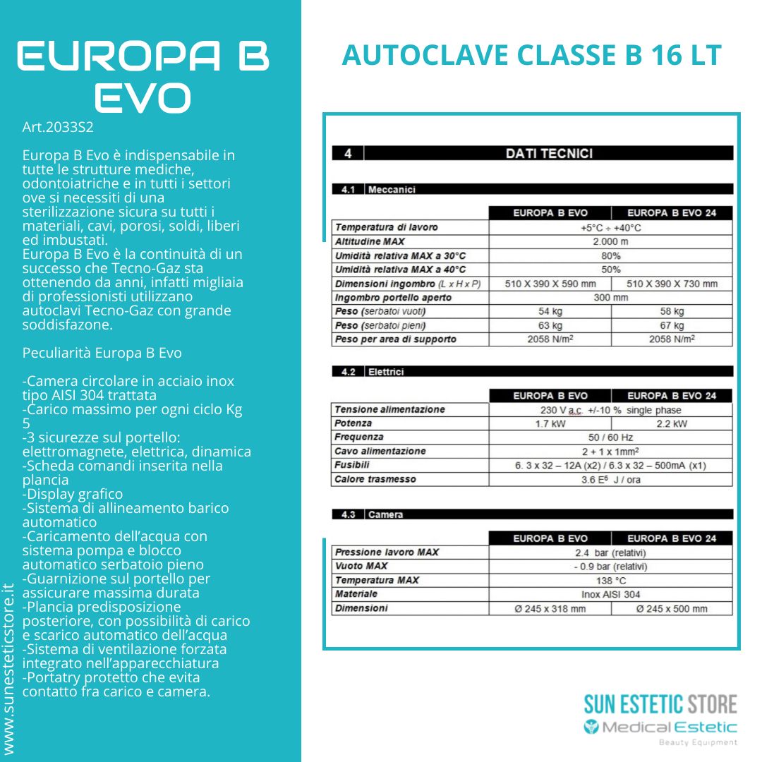 Europa B Evo Autoclave classe B a vapore sterilizzazione attrezzi estetica