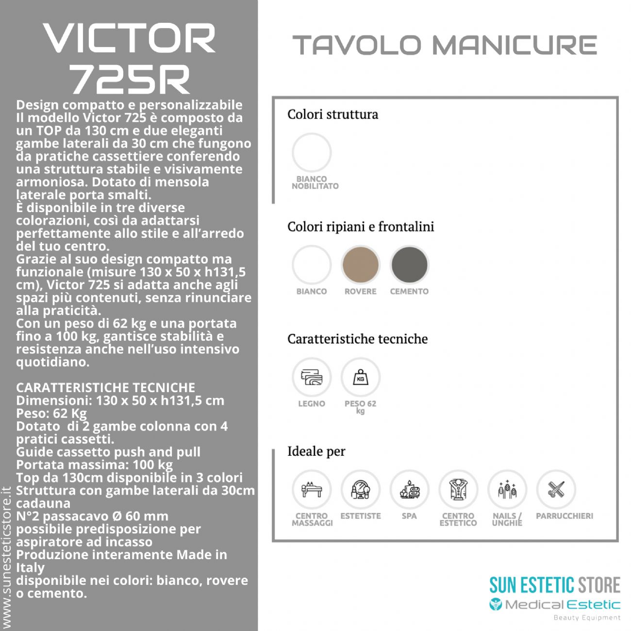 Victor 725 Tavolino manicure ricostruzione unghie con mensola e cassettiere