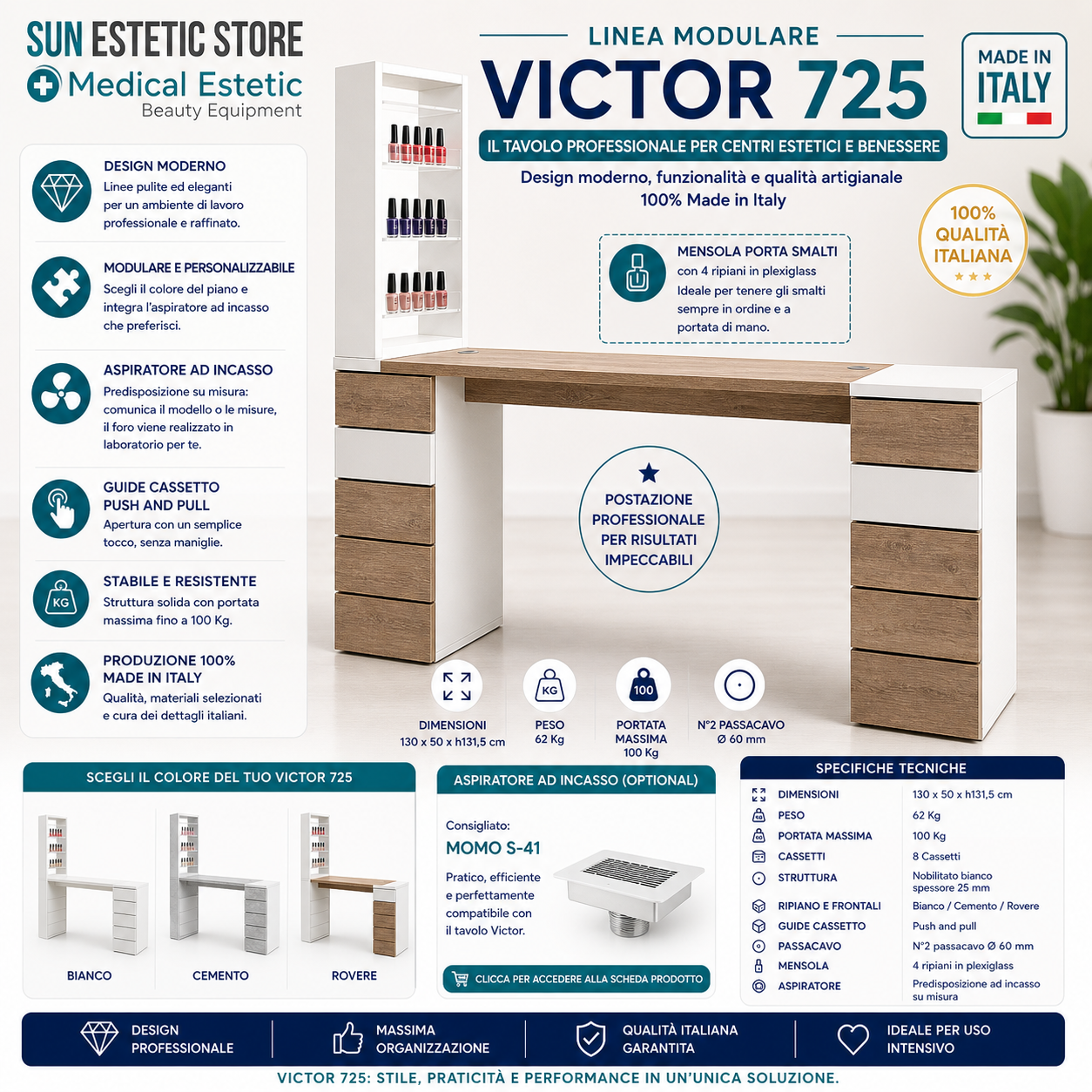 Victor 725 Tavolino manicure ricostruzione unghie con mensola e cassettiere