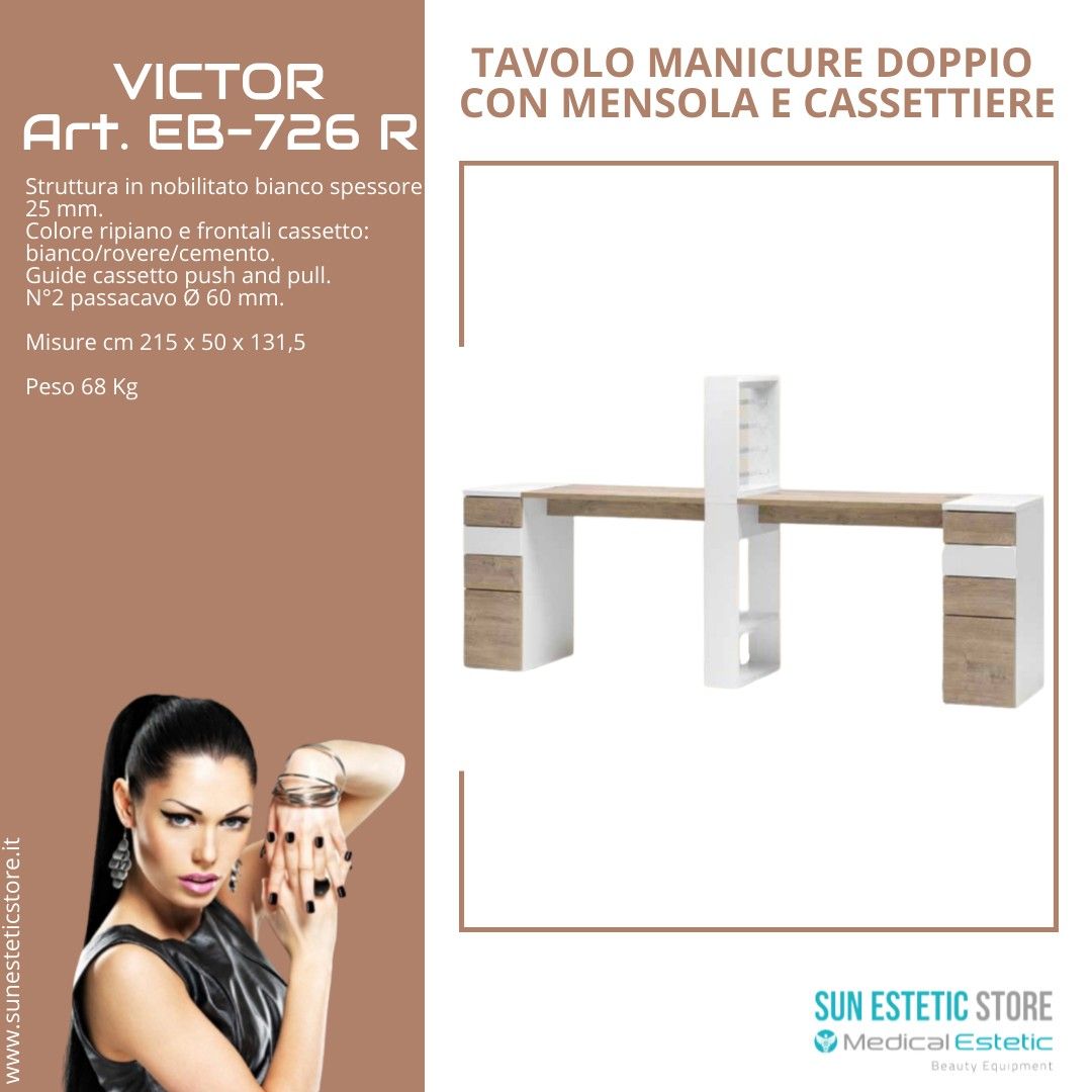 Victor 726 Tavolino doppia postazione manicure nails con mensola e cassettiere