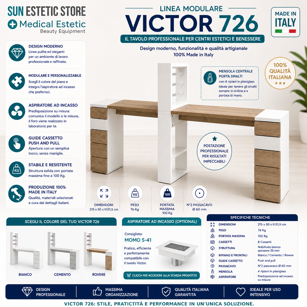 Victor 726 Tavolino doppia postazione manicure nails con mensola e cassettiere