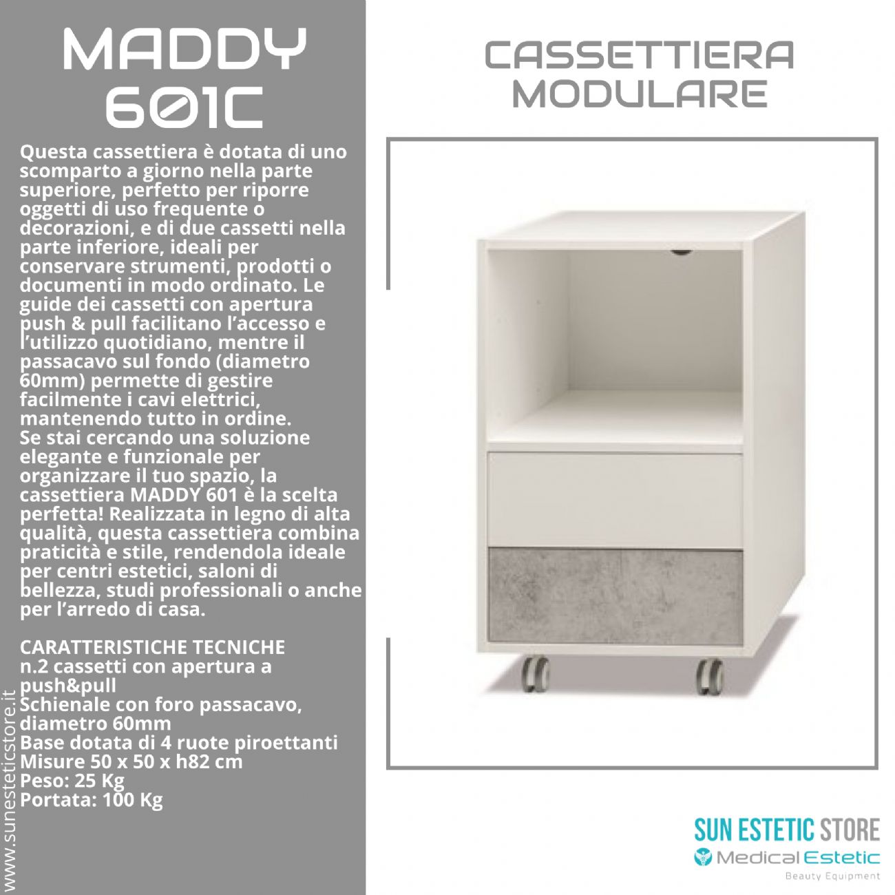 Maddy 601 R - C mobiletto modulare con 2 cassetti per apparecchiature estetica