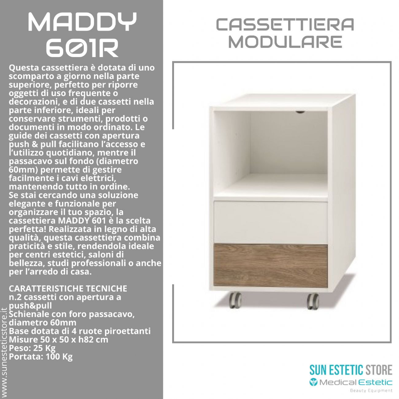 Maddy 601 R - C mobiletto modulare con 2 cassetti per apparecchiature estetica