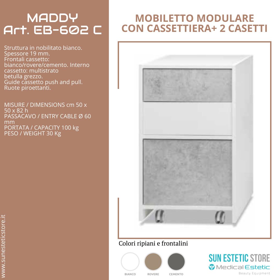 Maddy 602 R-C mobiletto modulare con cassettiera + 2 cassetti per apparecchiature estetica