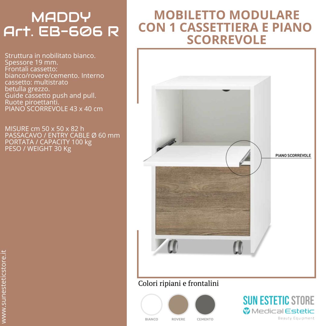 Maddy 606 R - C mobiletto modulare con 1 cassettiera e 1 piano scorrevole per apparecchiature estetica