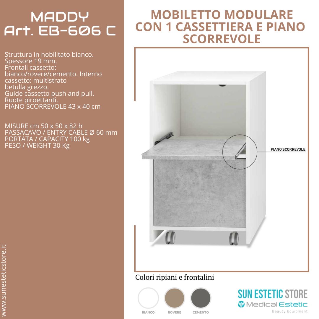 Maddy 606 R - C mobiletto modulare con 1 cassettiera e 1 piano scorrevole per apparecchiature estetica