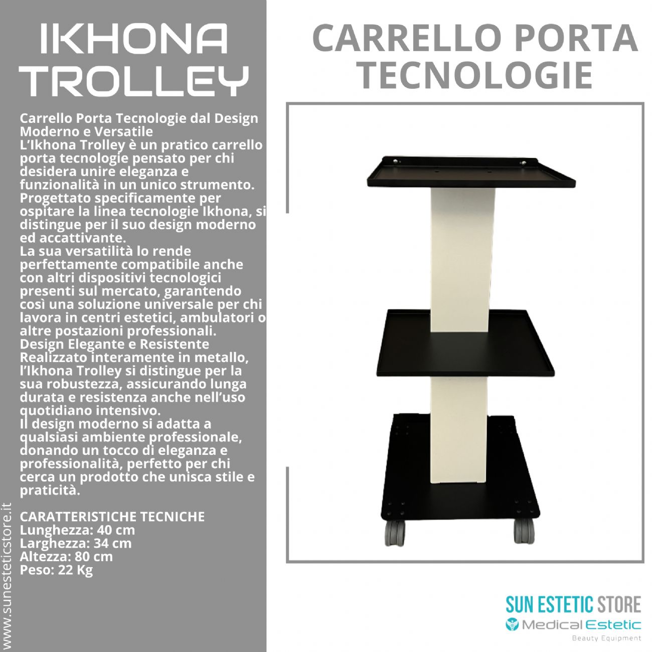 iKhona Trolley carrello porta tecnologie estetica in metallo con ruote