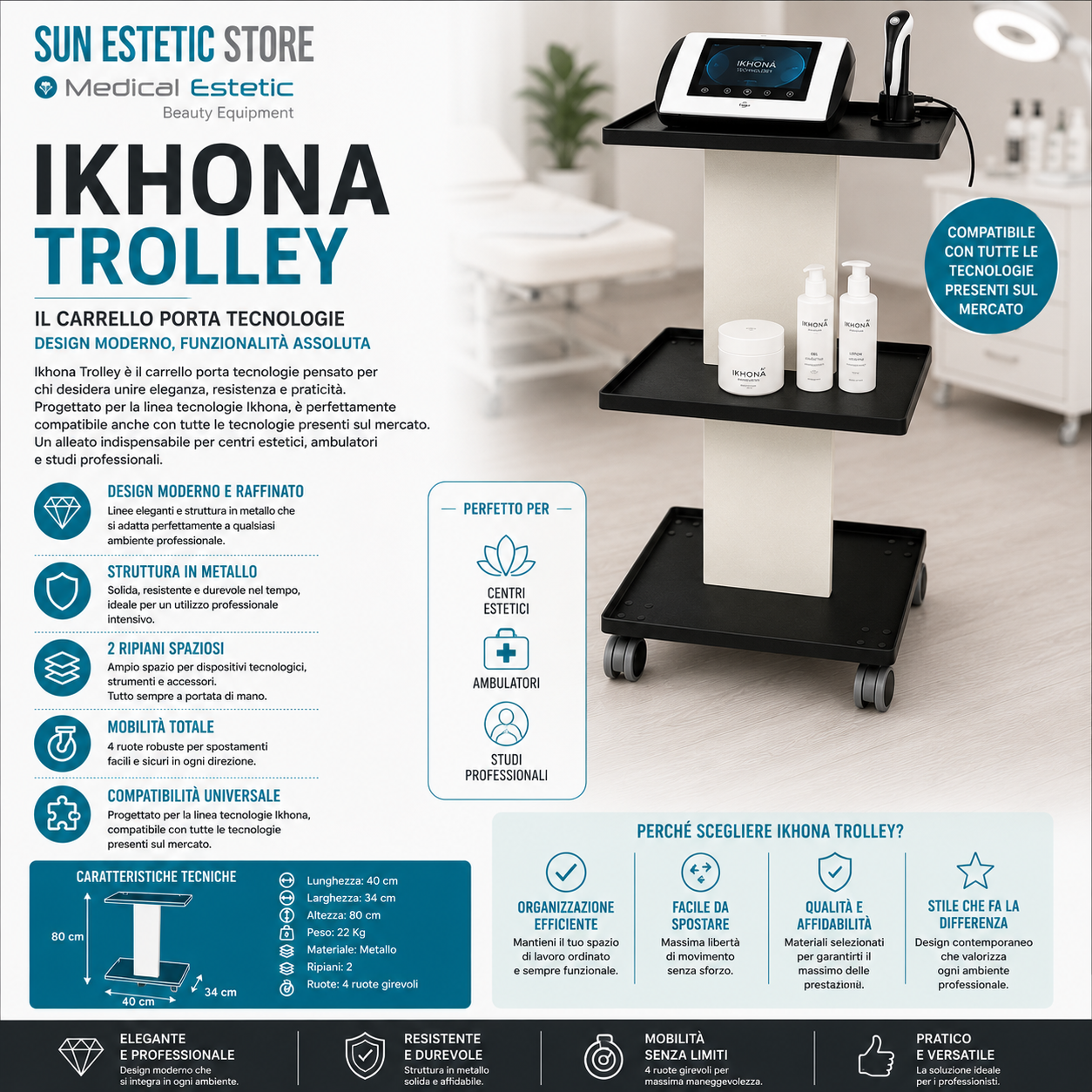 iKhona Trolley carrello porta tecnologie estetica in metallo con ruote