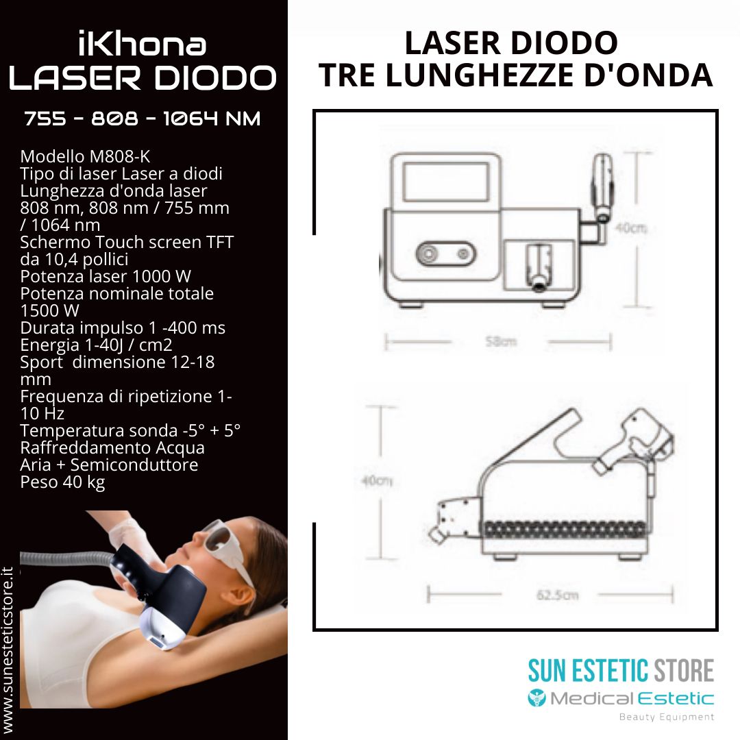 Laser diodo 3 lunghezze d'onda 755 - 808 - 1064 nm - 1000W portatile estetica 40J