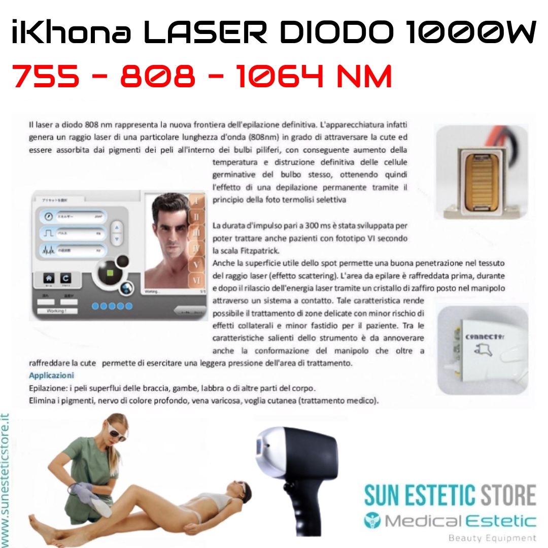 Laser diodo 3 lunghezze d'onda 755 - 808 - 1064 nm - 1000W portatile estetica 40J