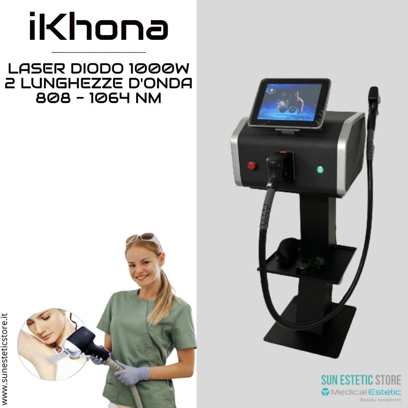 iKhona Laser diodo 2 lunghezze d'onda 808 - 1064 nm - 1000W portatile estetica 40J