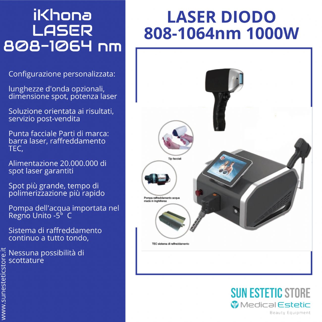 iKhona Laser diodo 2 lunghezze d'onda 808 - 1064 nm - 1000W portatile estetica 40J