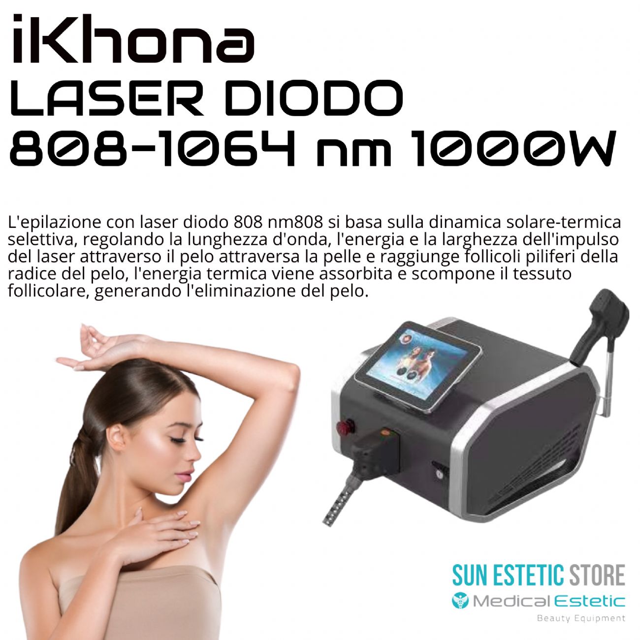 iKhona Laser diodo 2 lunghezze d'onda 808 - 1064 nm - 1000W portatile estetica 40J