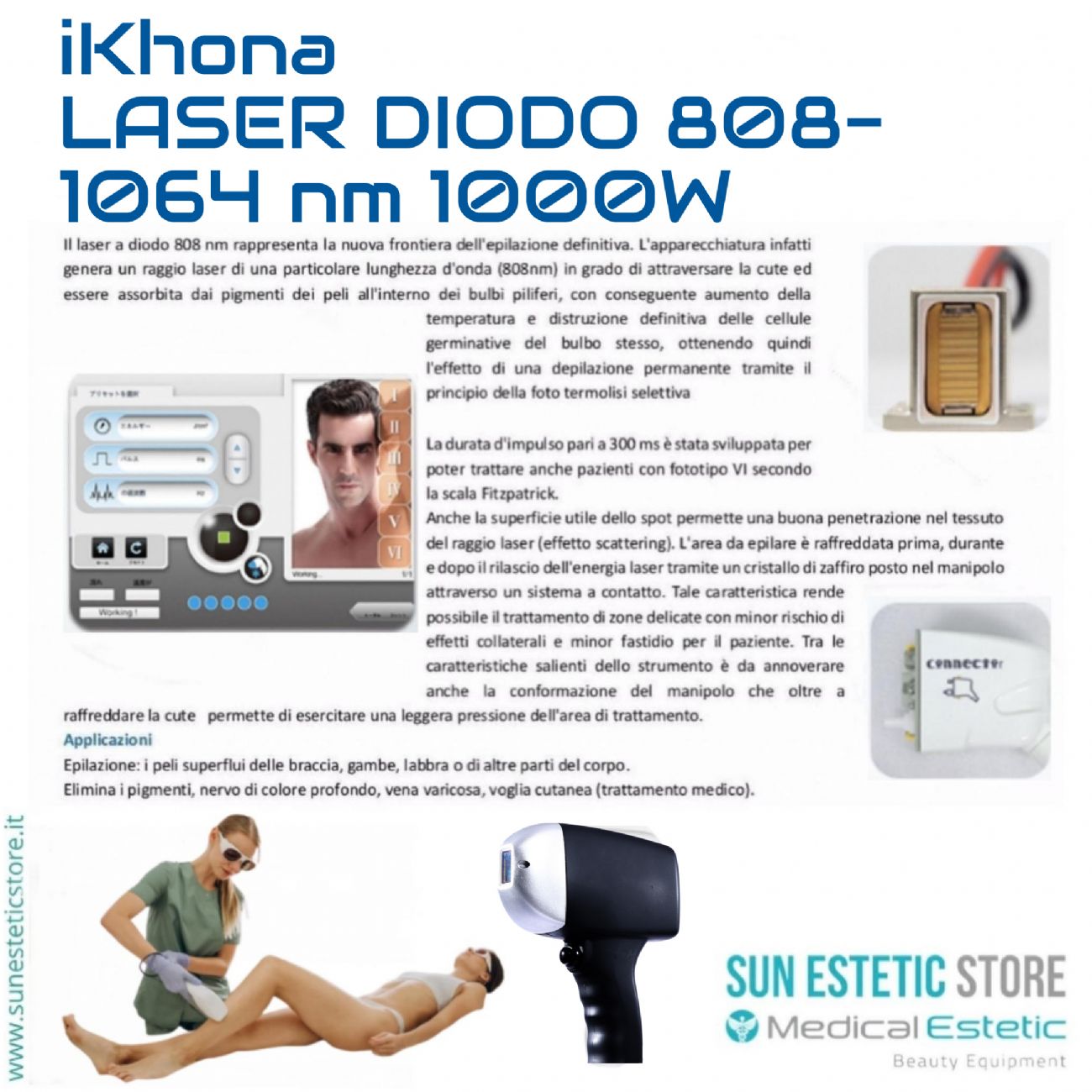 iKhona Laser diodo 2 lunghezze d'onda 808 - 1064 nm - 1000W portatile estetica 40J