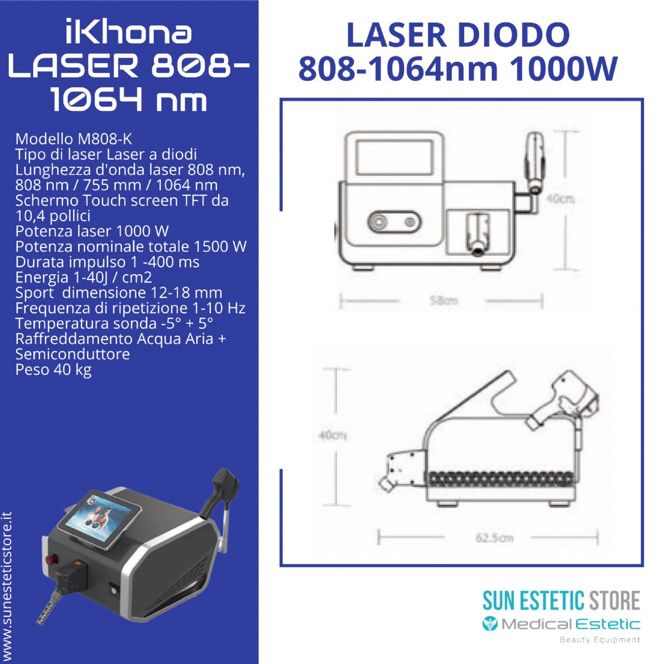 iKhona Laser diodo 2 lunghezze d'onda 808 - 1064 nm - 1000W portatile estetica 40J