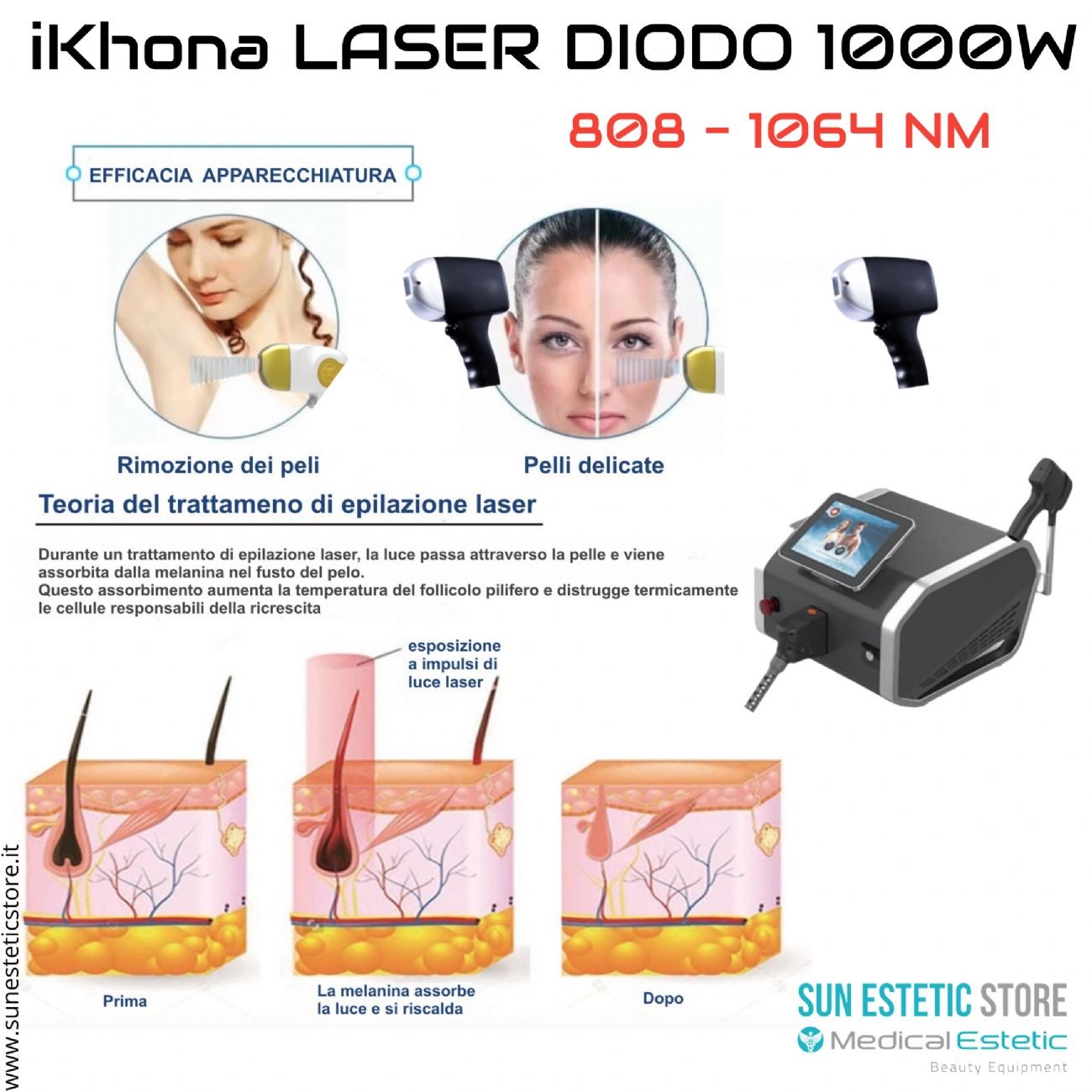 iKhona Laser diodo 2 lunghezze d'onda 808 - 1064 nm - 1000W portatile estetica 40J