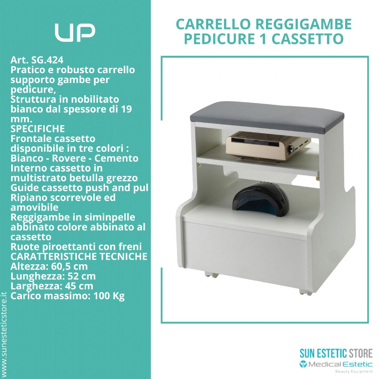 UP Carrello reggigambe per pedicure con cassetto porta accessori