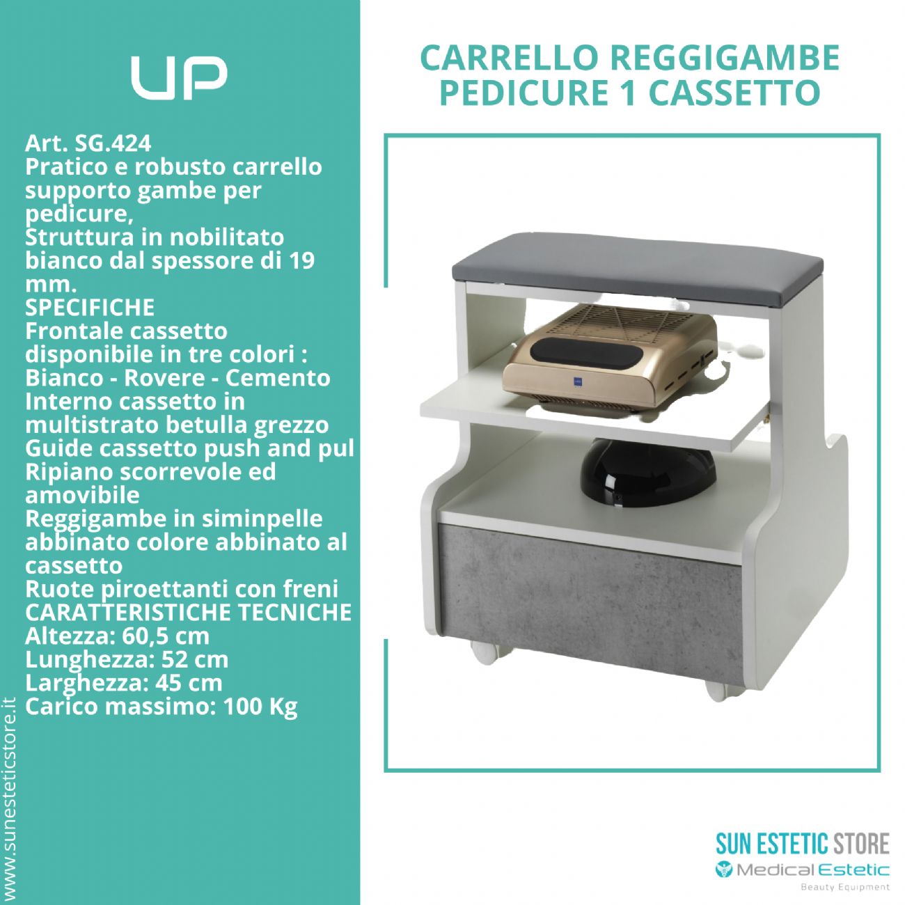 UP Carrello reggigambe per pedicure con cassetto porta accessori