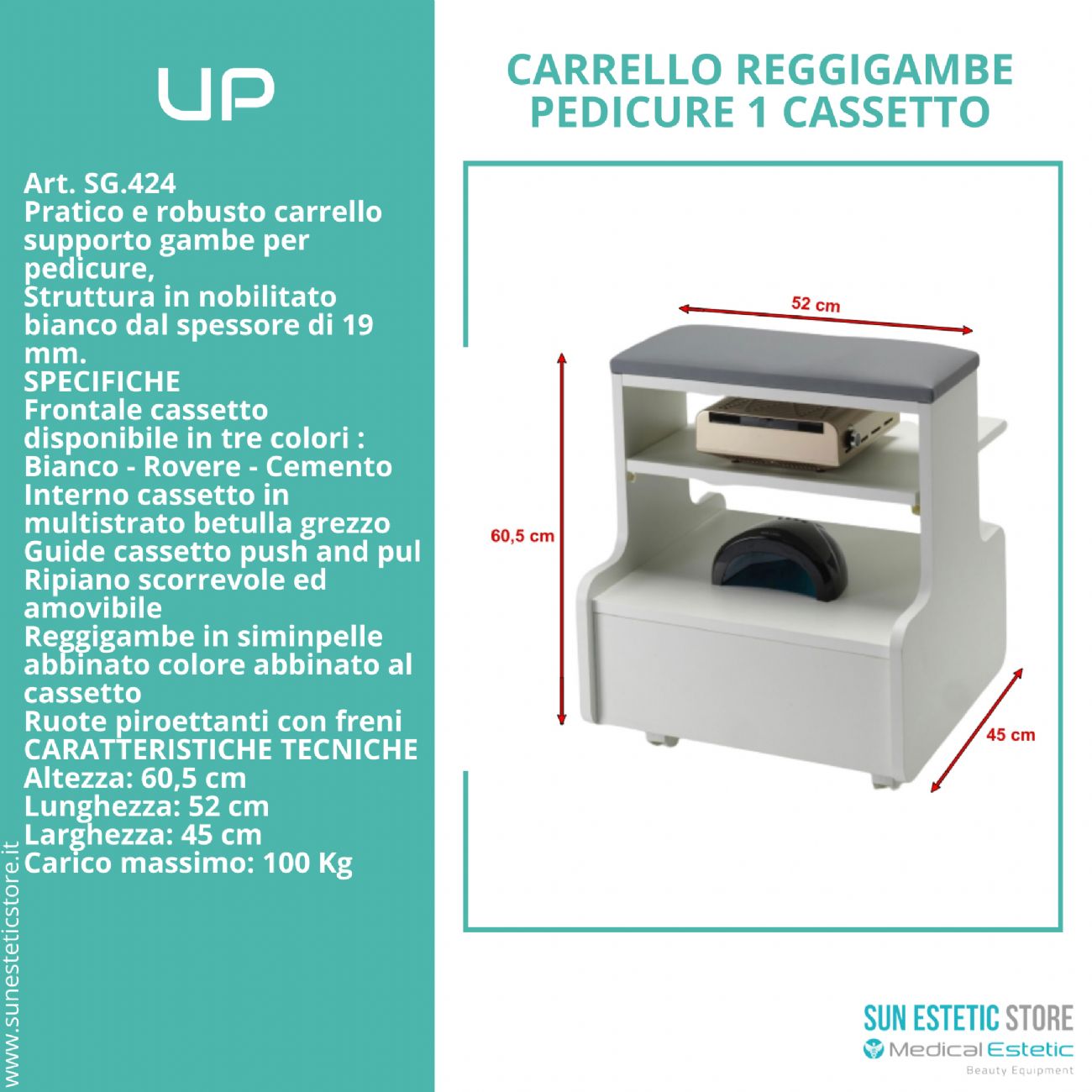 UP Carrello reggigambe per pedicure con cassetto porta accessori