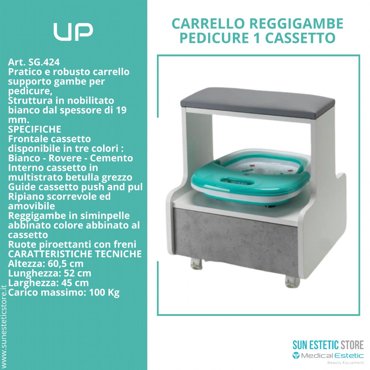 UP Carrello reggigambe per pedicure con cassetto porta accessori