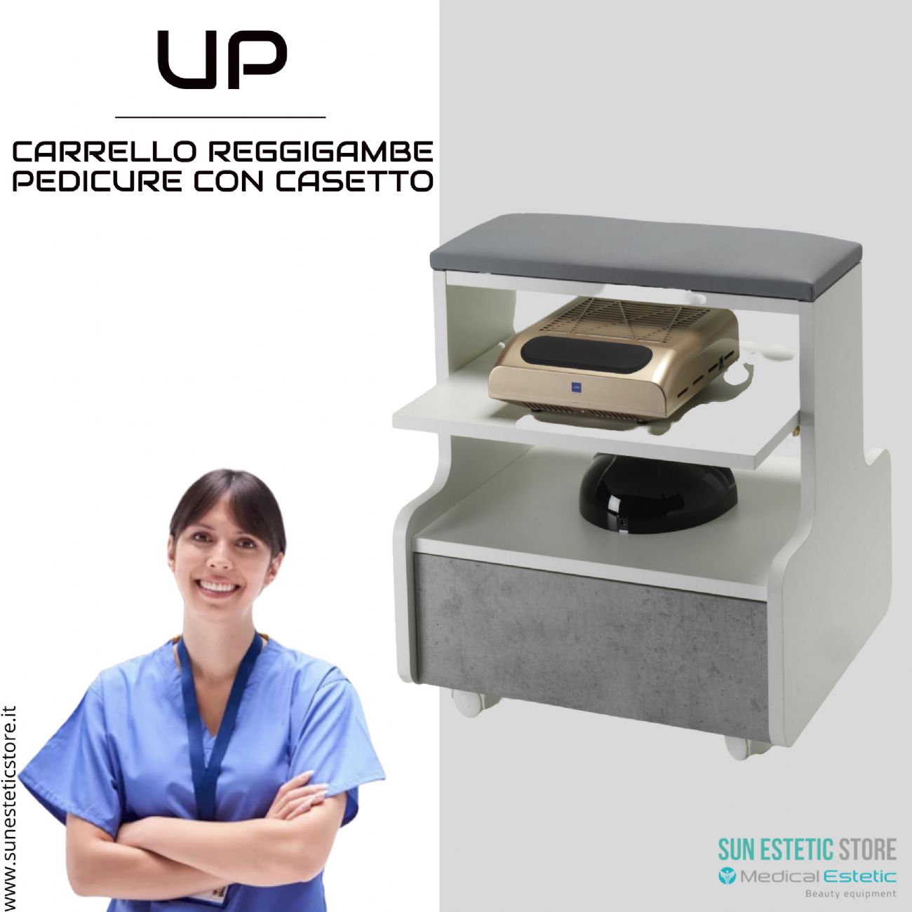 UP Carrello reggigambe per pedicure con cassetto porta accessori