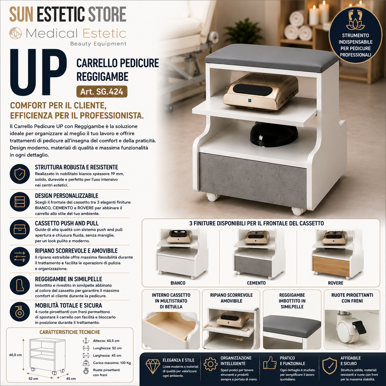 UP Carrello reggigambe per pedicure con cassetto porta accessori