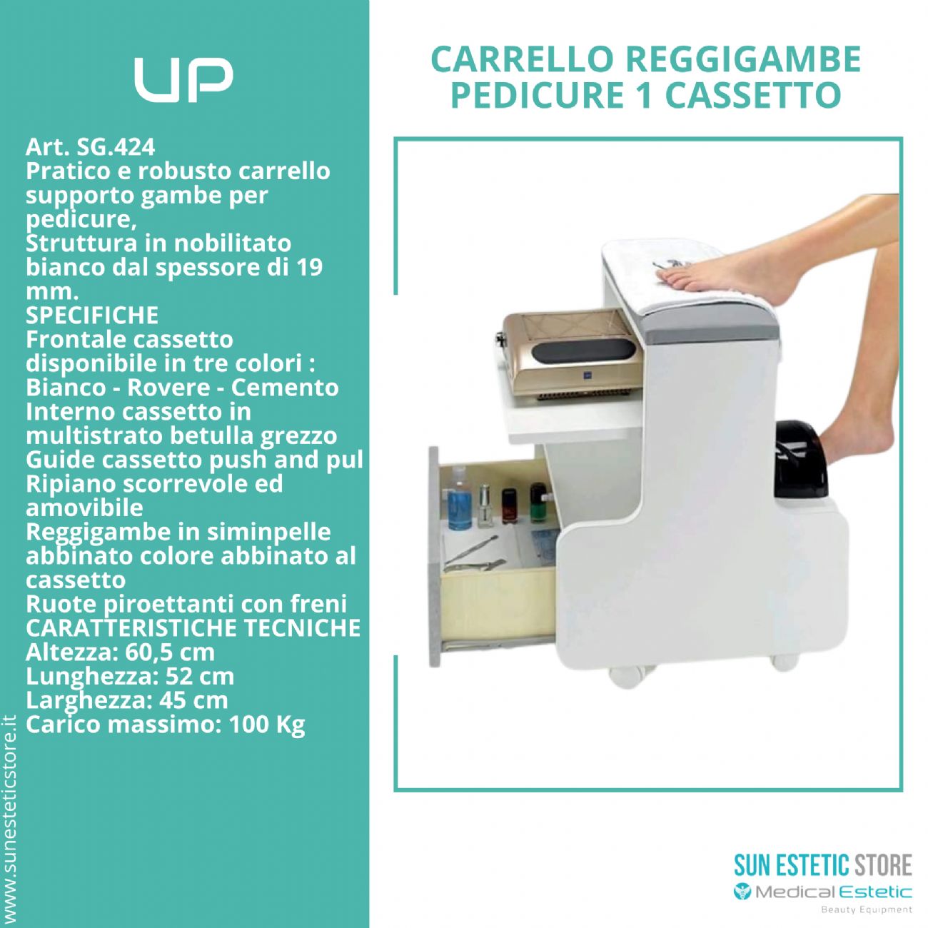 UP Carrello reggigambe per pedicure con cassetto porta accessori