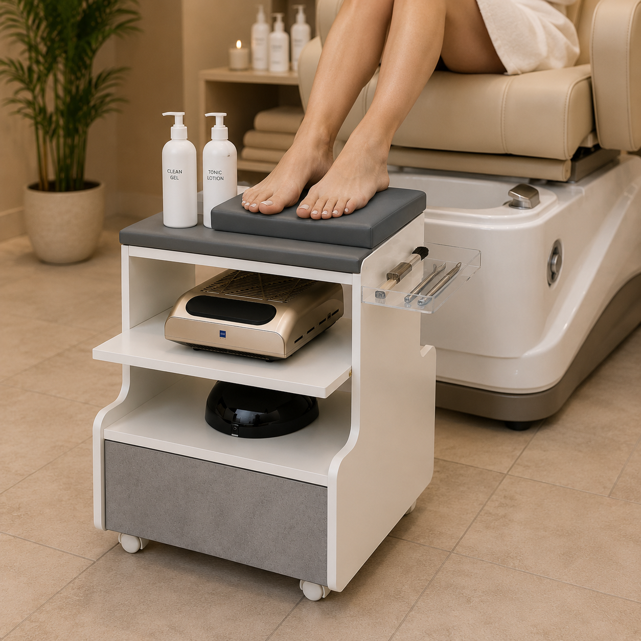 UP Carrello reggigambe per pedicure con cassetto porta accessori