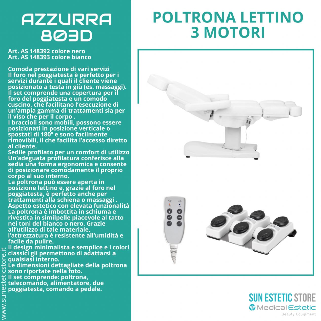 Azzurra 803Dpoltrona lettino elettrica professionale 3 motori estetica