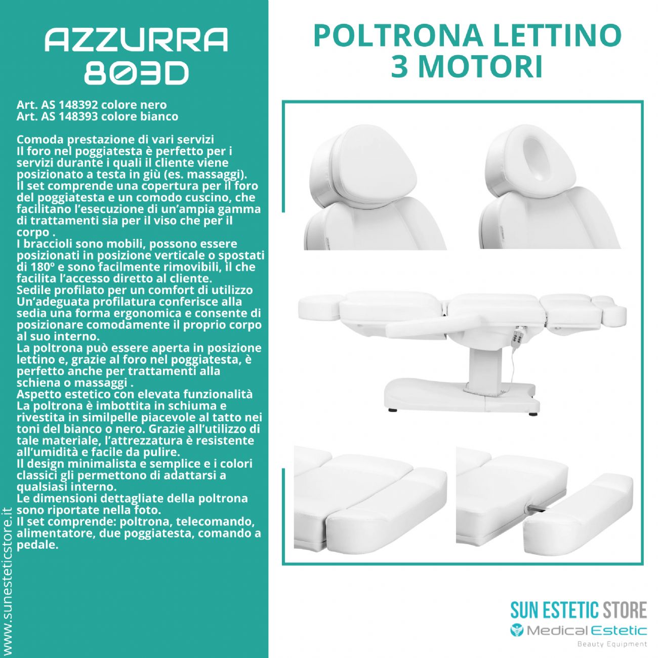 Azzurra 803Dpoltrona lettino elettrica professionale 3 motori estetica