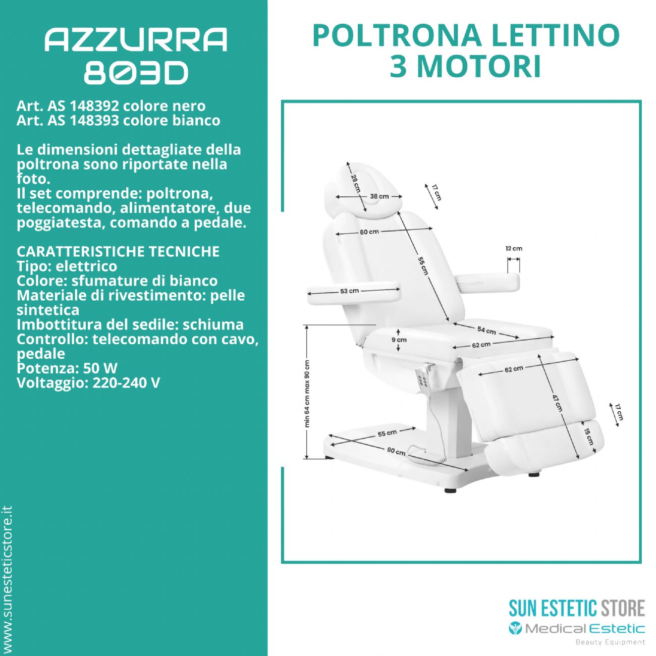 Azzurra 803Dpoltrona lettino elettrica professionale 3 motori estetica