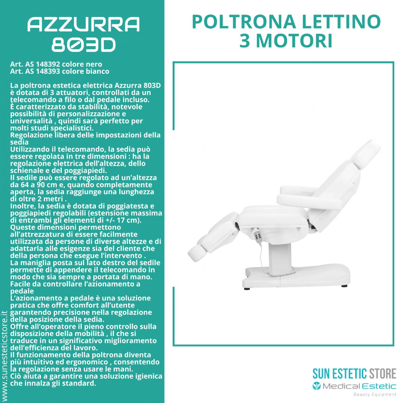 Azzurra 803Dpoltrona lettino elettrica professionale 3 motori estetica