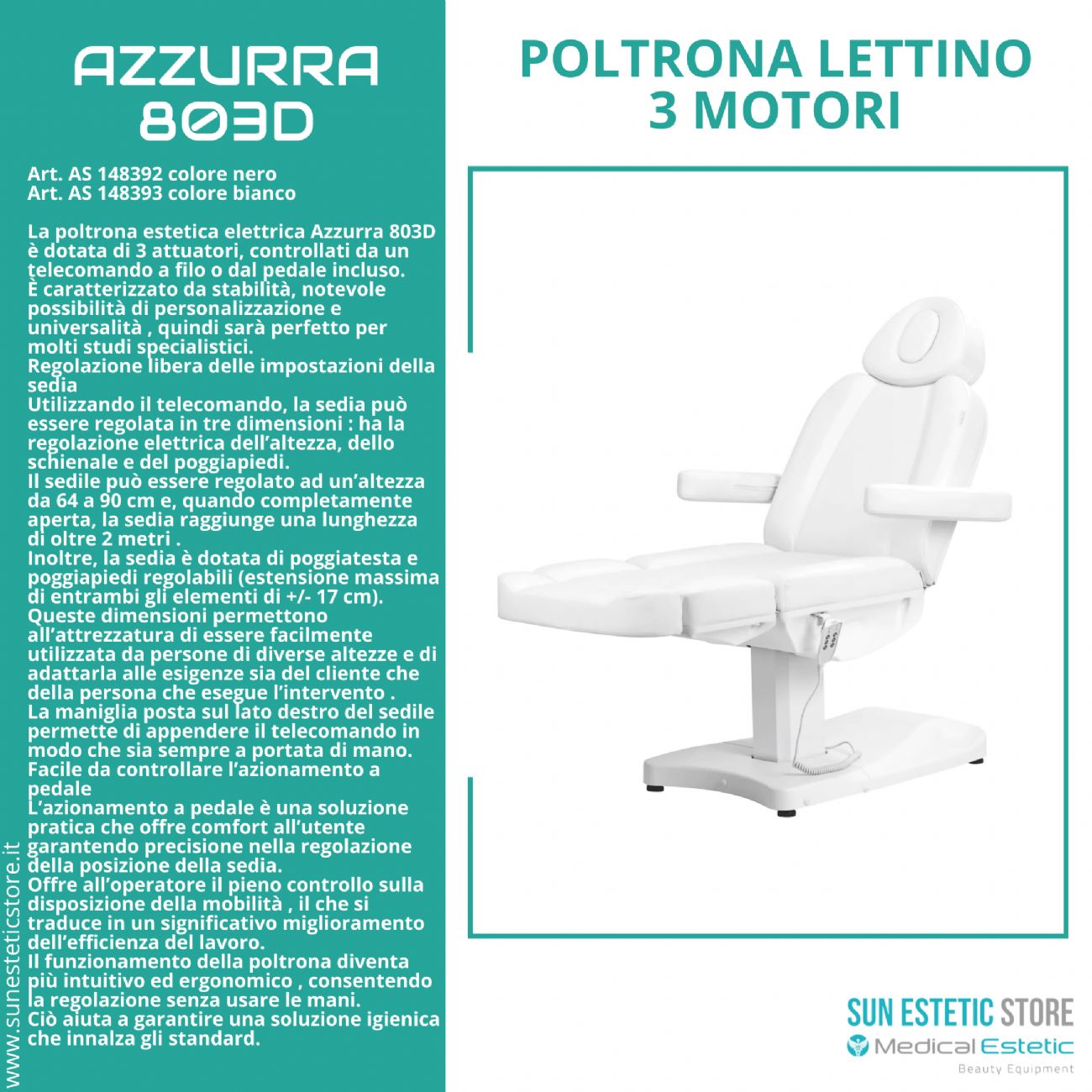 Azzurra 803Dpoltrona lettino elettrica professionale 3 motori estetica