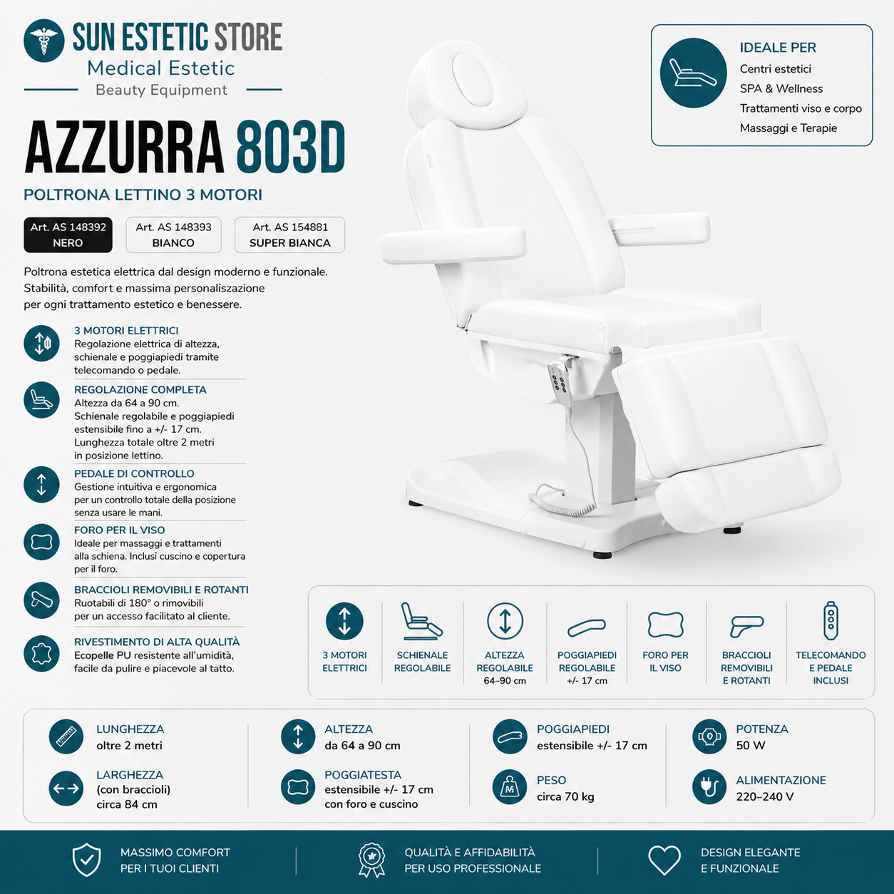 Azzurra 803D poltrona lettino elettrica professionale 3 motori estetica