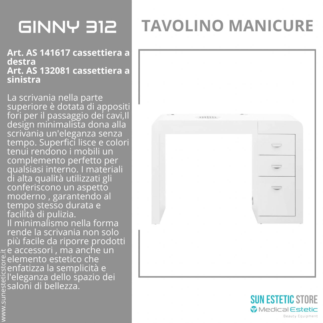 Ginny 312 tavolino manicure in legno bianco con aspiratore e cassettiera nails