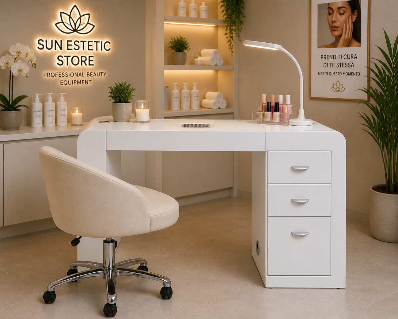 Ginny 312 tavolino manicure in legno bianco con aspiratore e cassettiera nails