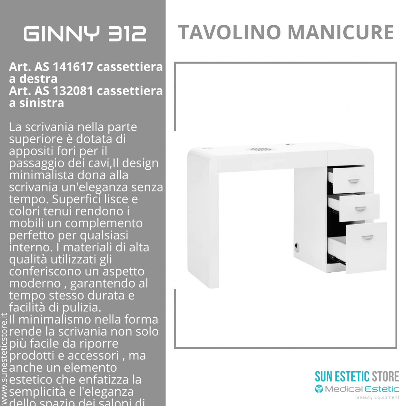 Ginny 312 tavolino manicure in legno bianco con aspiratore e cassettiera nails