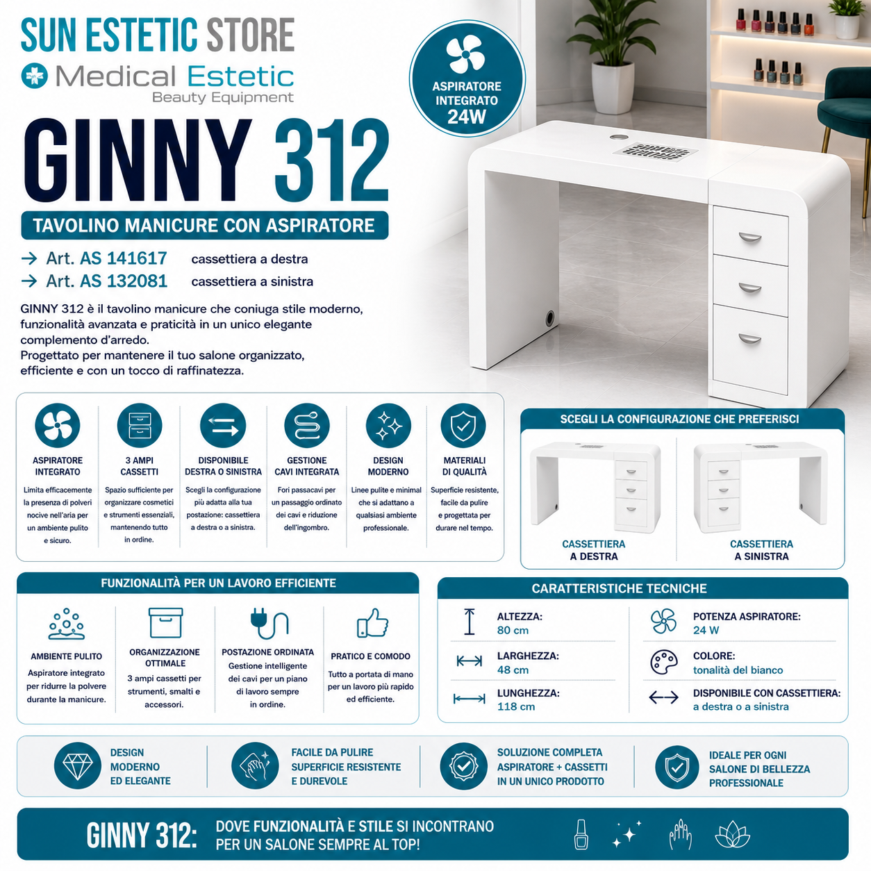 Ginny 312 tavolino manicure in legno bianco con aspiratore e cassettiera nails
