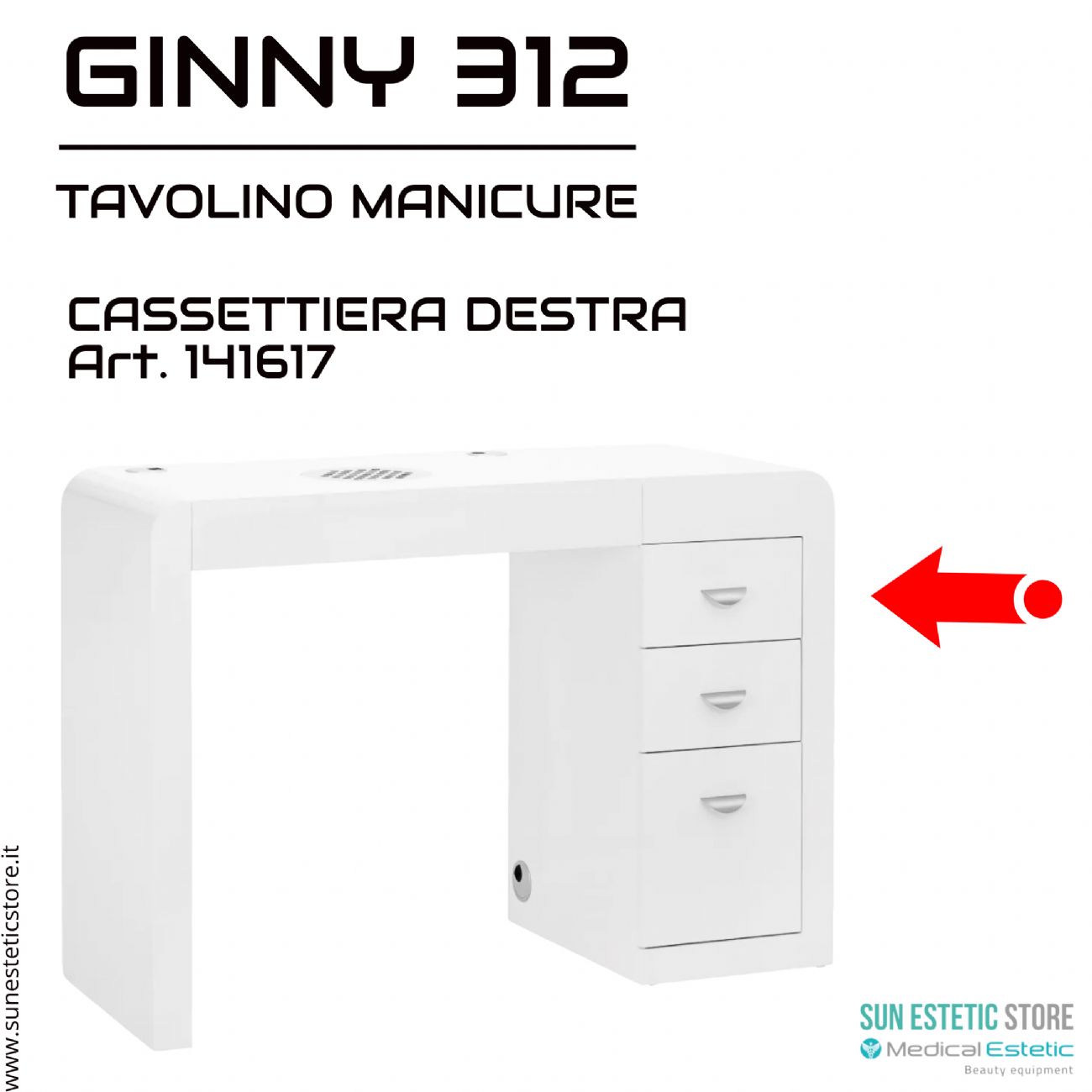 Ginny 312 tavolino manicure in legno bianco con aspiratore e cassettiera nails