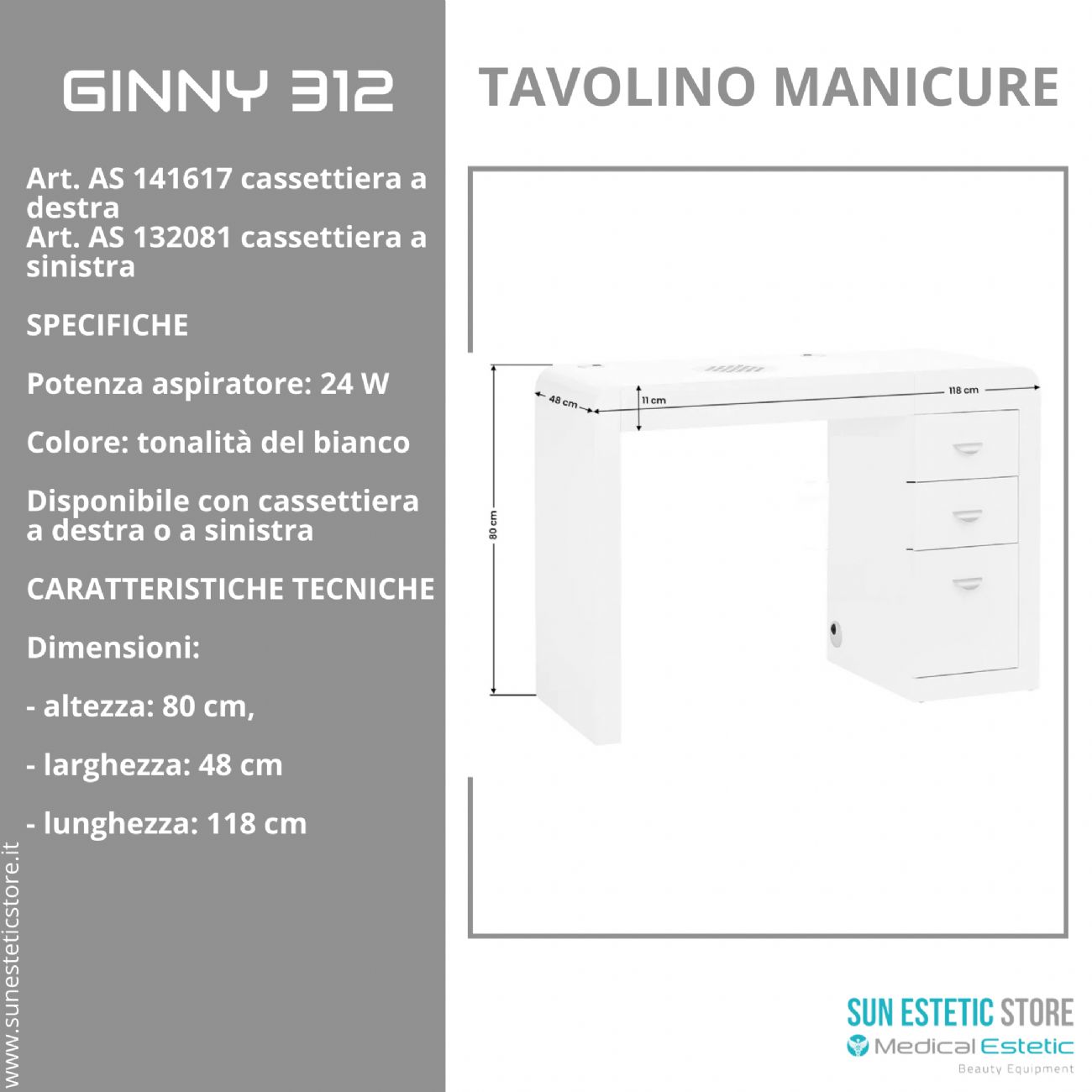 Ginny 312 tavolino manicure in legno bianco con aspiratore e cassettiera nails