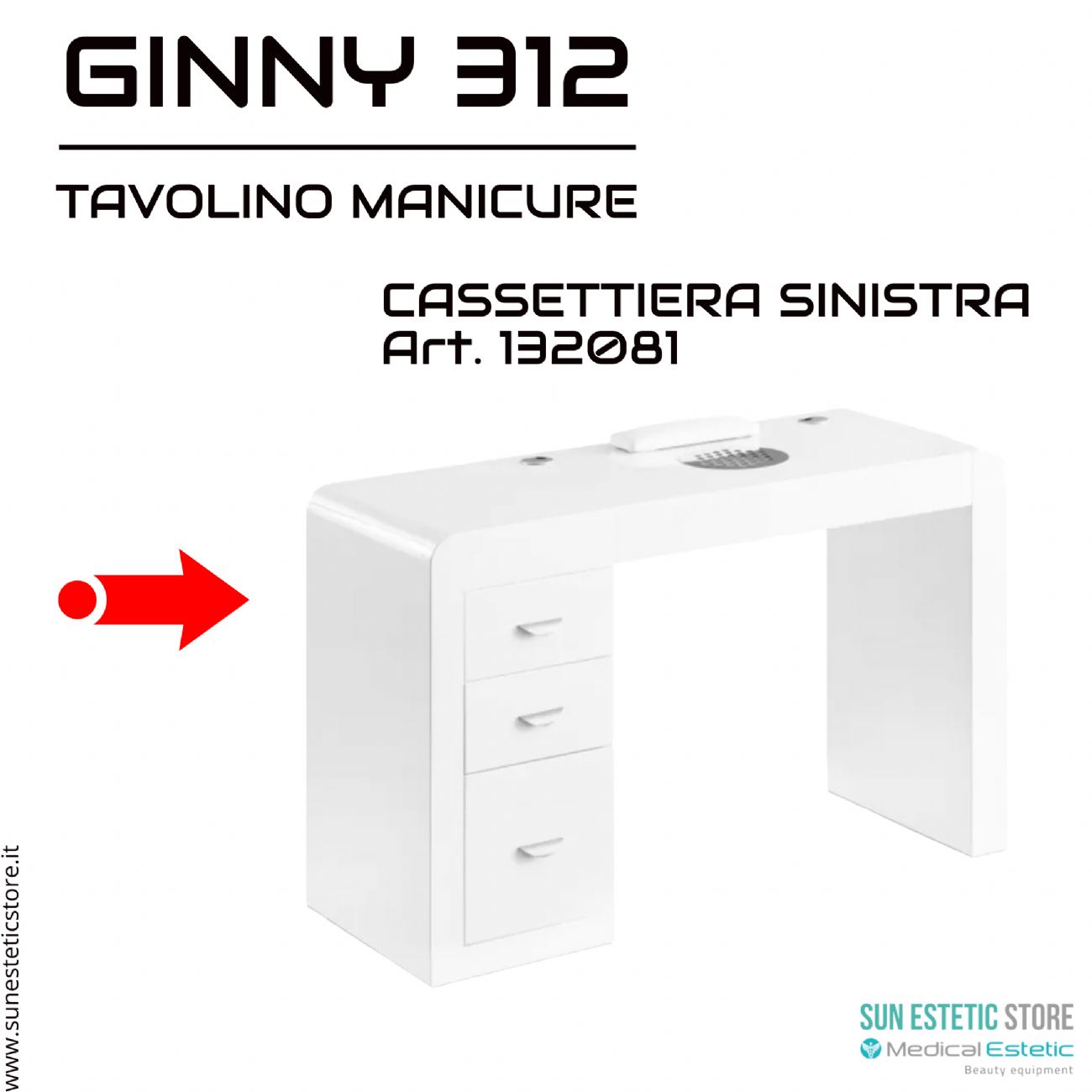 Ginny 312 tavolino manicure in legno bianco con aspiratore e cassettiera nails