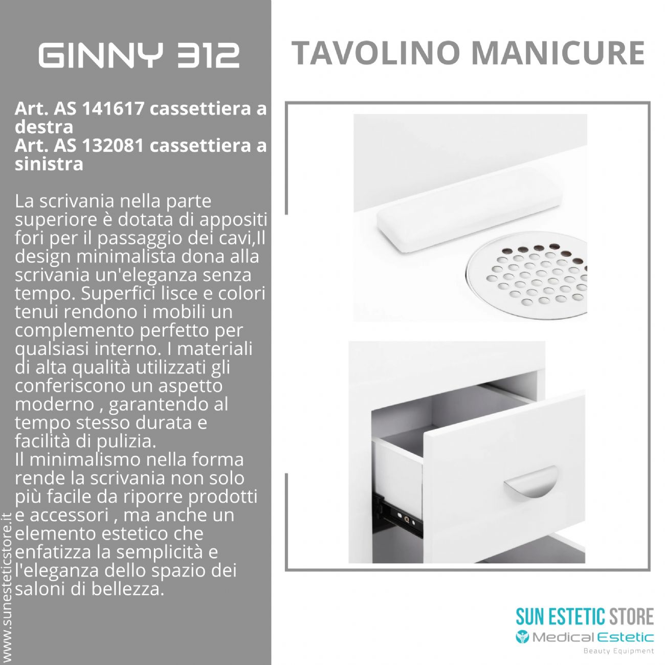 Ginny 312 tavolino manicure in legno bianco con aspiratore e cassettiera nails