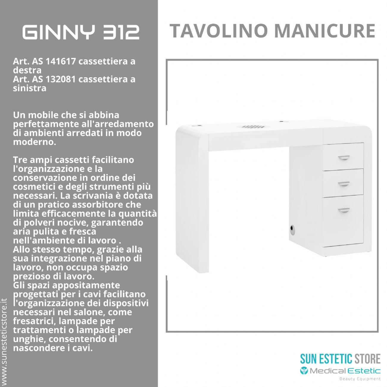 Ginny 312 tavolino manicure in legno bianco con aspiratore e cassettiera nails