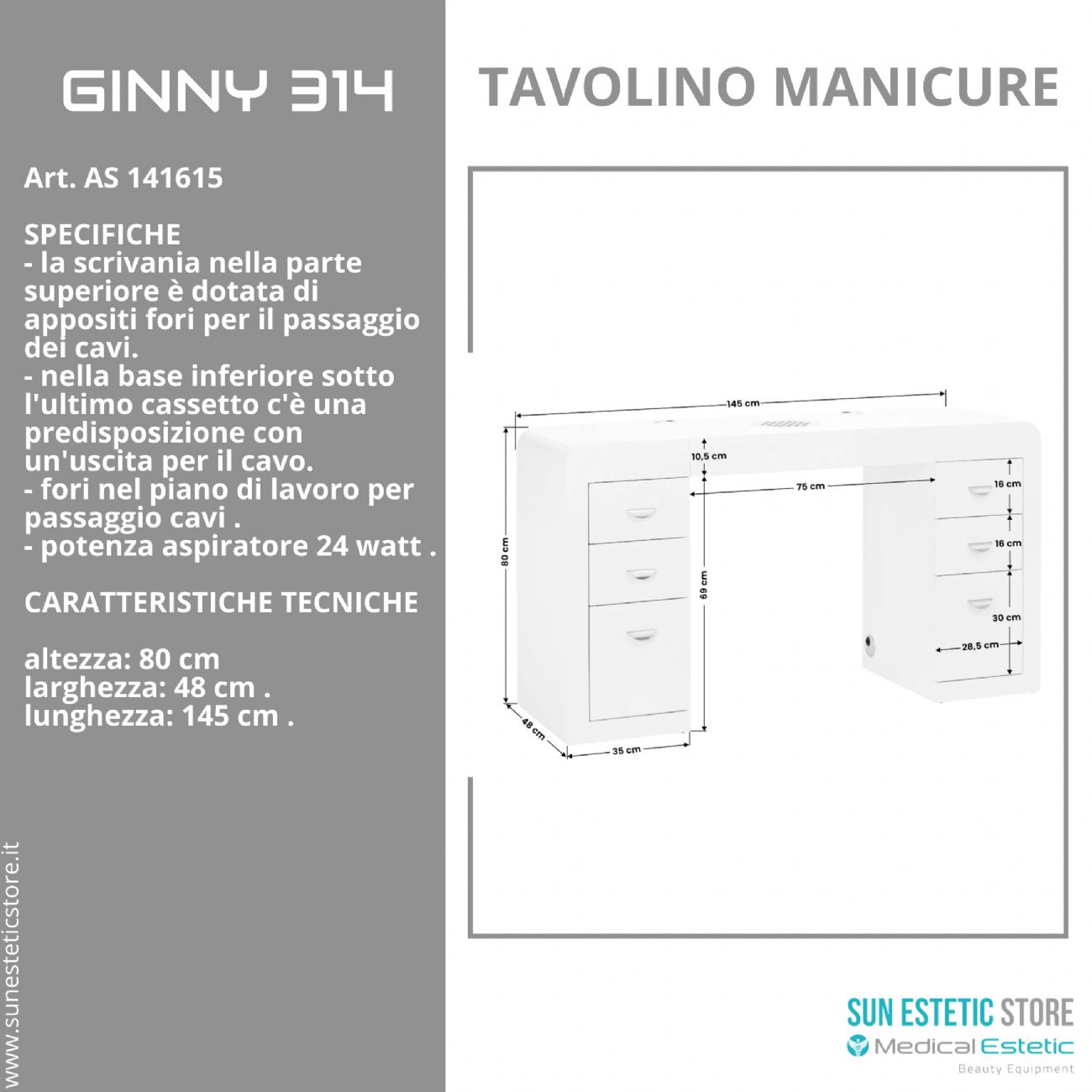 Ginny 314 tavolino manicure in legno bianco con aspiratore e doppia cassettiera