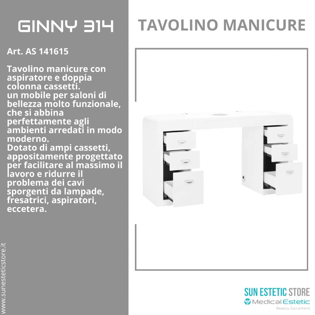 Ginny 314 tavolino manicure in legno bianco con aspiratore e doppia cassettiera